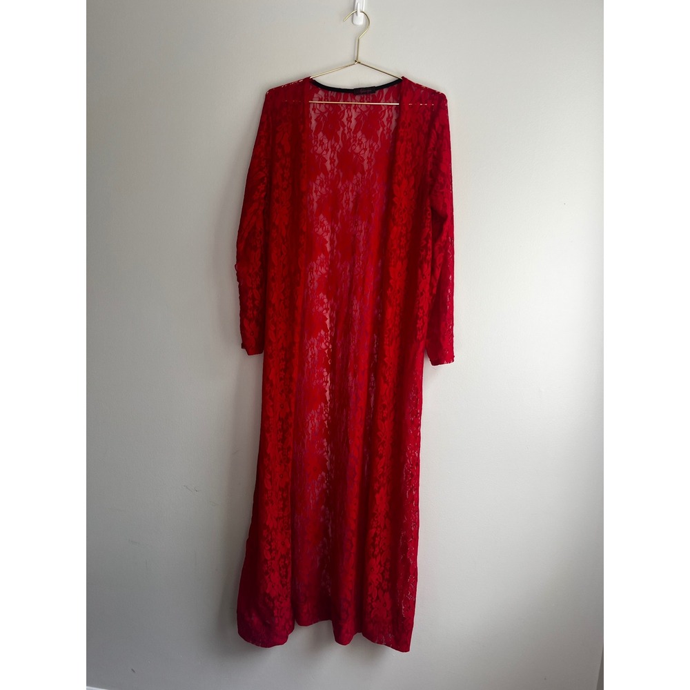 Byanapa Red Floral Lace Maxi Duster Open Front Long Sleeve Sexy Robe Boudoir - Picture 9 of 11